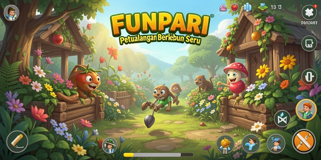 Screenshot gameplay FUNPARI yang menunjukkan aktivitas berkebun yang seru.