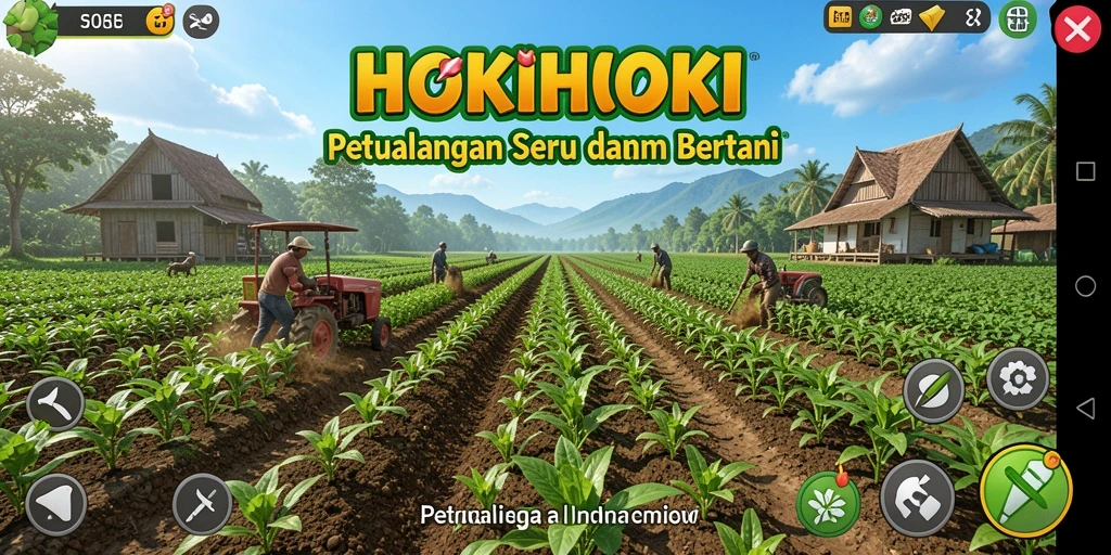Tangkapan layar gameplay HOKIHOKI menampilkan kebun yang subur dan aktivitas bertani.