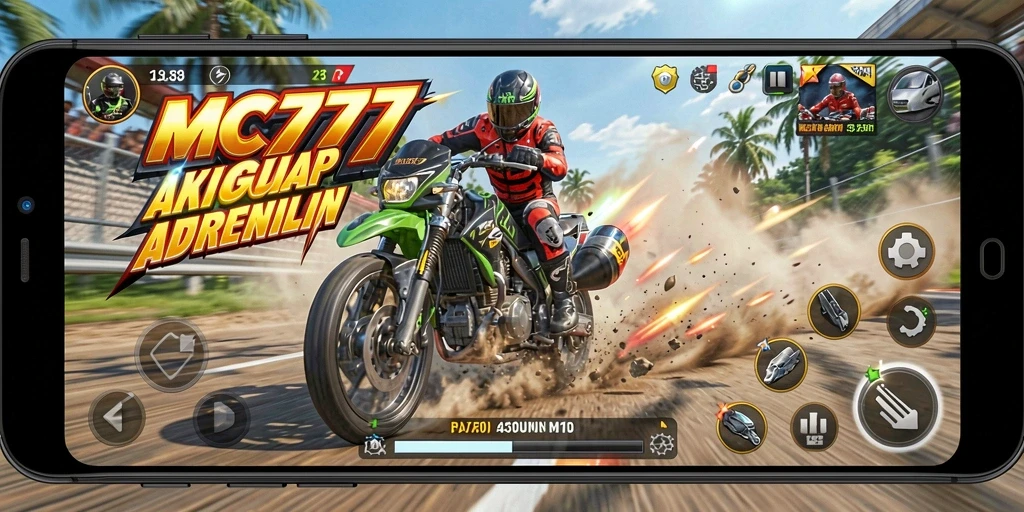 Screenshot gameplay MC777 menampilkan aksi balap yang mendebarkan.