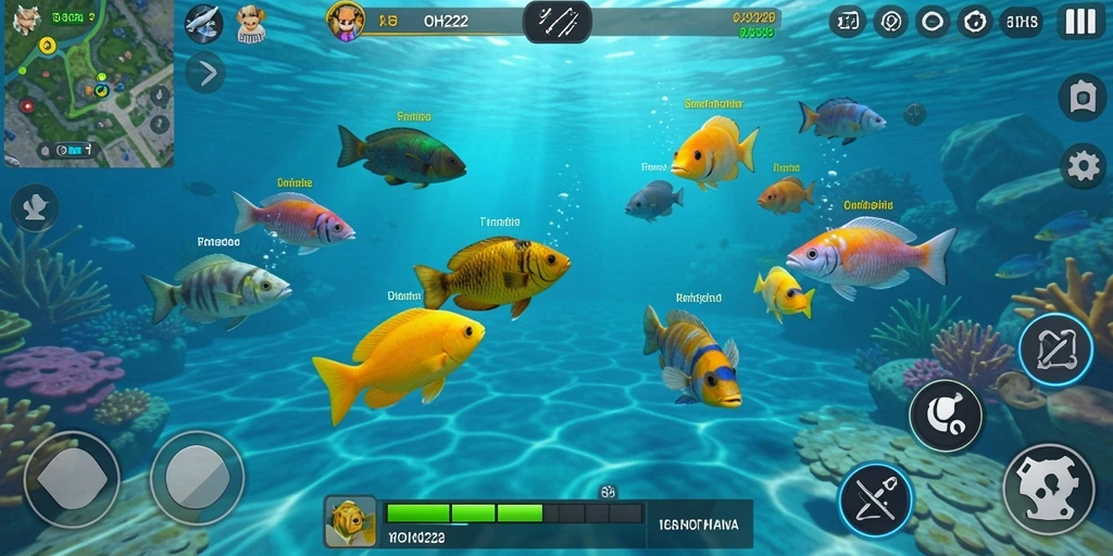 Tampilan gameplay seru dalam OH222 saat menangkap ikan.