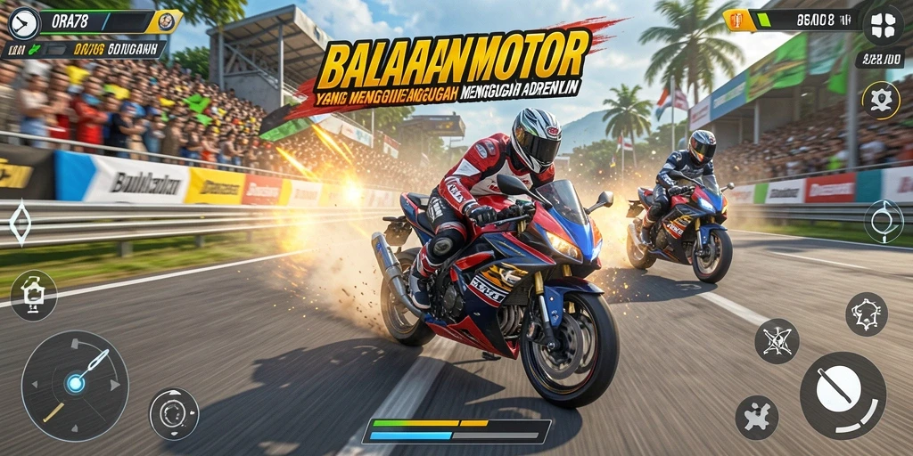Screenshot gameplay ORA78 menampilkan balapan motor yang penuh aksi.