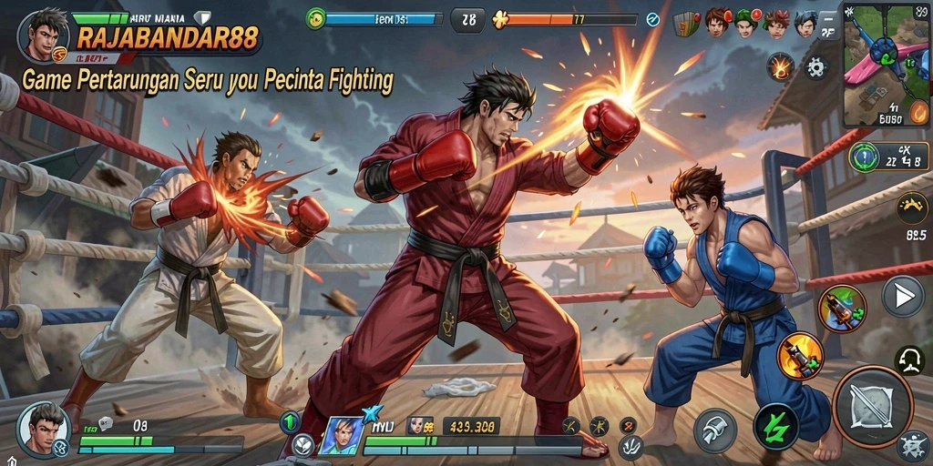Screenshot utama RAJABANDAR88 menampilkan aksi pertarungan yang intens dan karakter yang kuat.