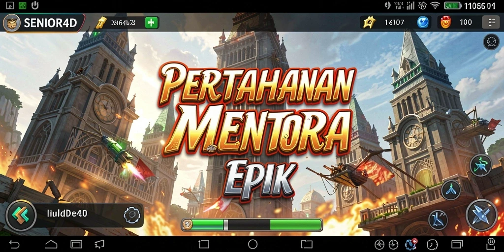 Tangkapan layar gameplay SENIOR4D dengan pertahanan menara yang strategis.