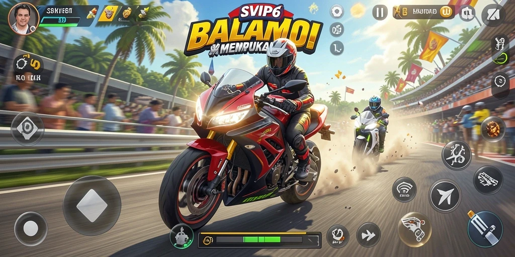 Gameplay mendebarkan dalam balapan motor SVIP6 yang kaya fitur.