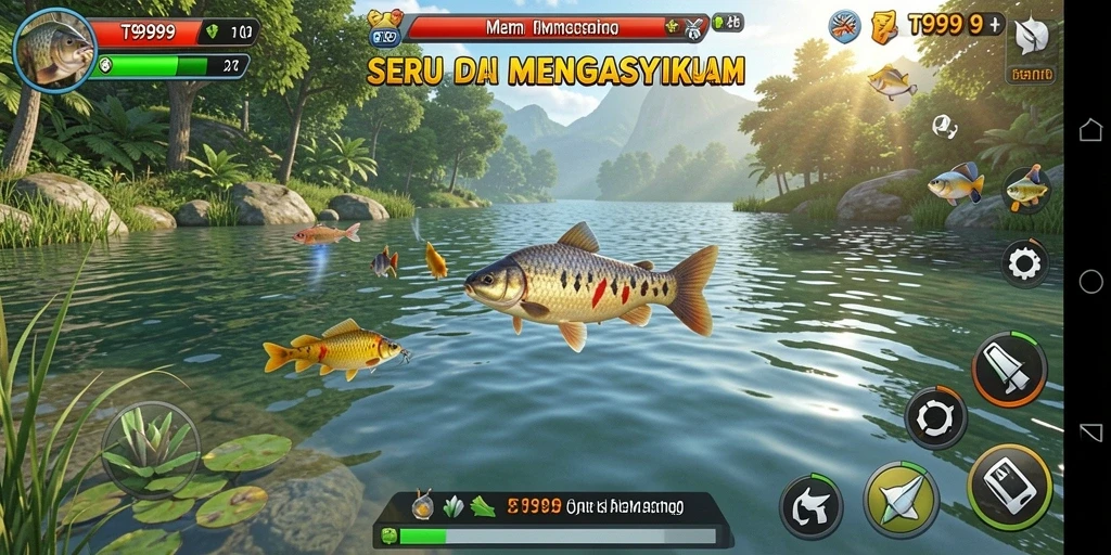 Tangkapan ikan yang sukses di T9999, menunjukkan keseruan gameplay memancing.