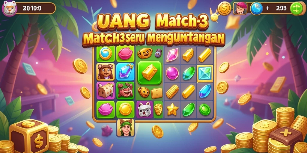 Tampilan penuh warna dari gameplay Match-3 UANG yang seru.